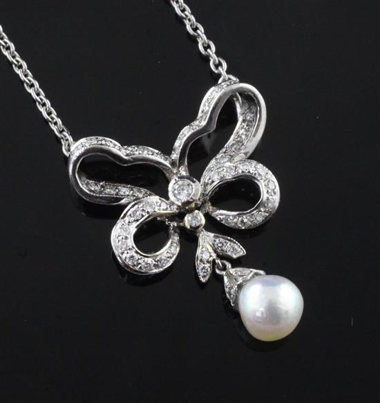 A platinum, diamond and natural pearl drop pendant necklace,